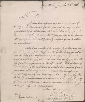 Letter to James Madison from Josias Wilson King, 5 April 1806. (Source: Library of Congress) 
