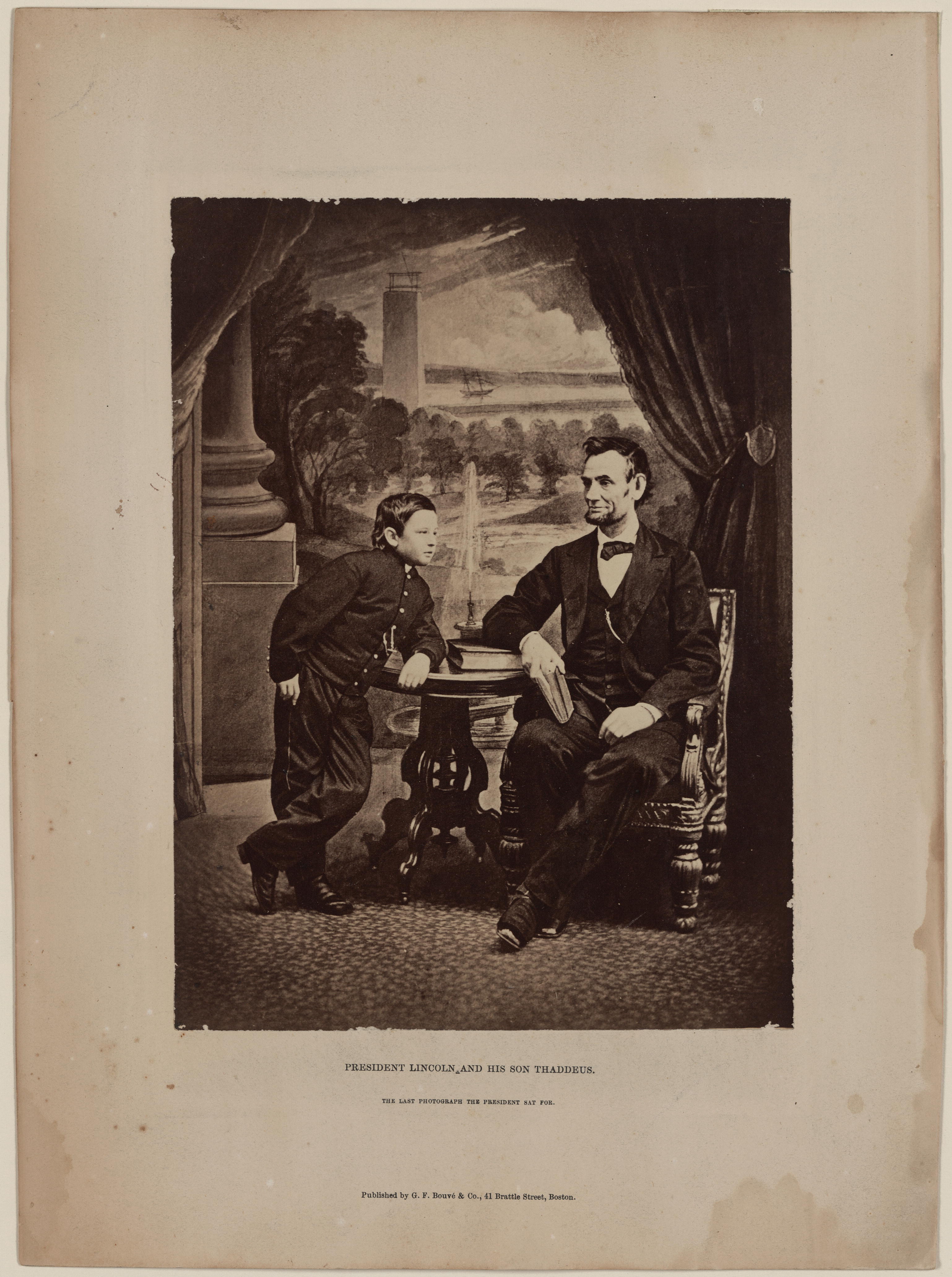 Gardner, Alexander. Gardner photograph of Lincoln and Tad. Boston Massachusetts Suffolk United States Washington Washington D.C, 1865. G. F. Bouve, Boston, Massachusetts. Photograph. https://www.loc.gov/item/scsm000777/.