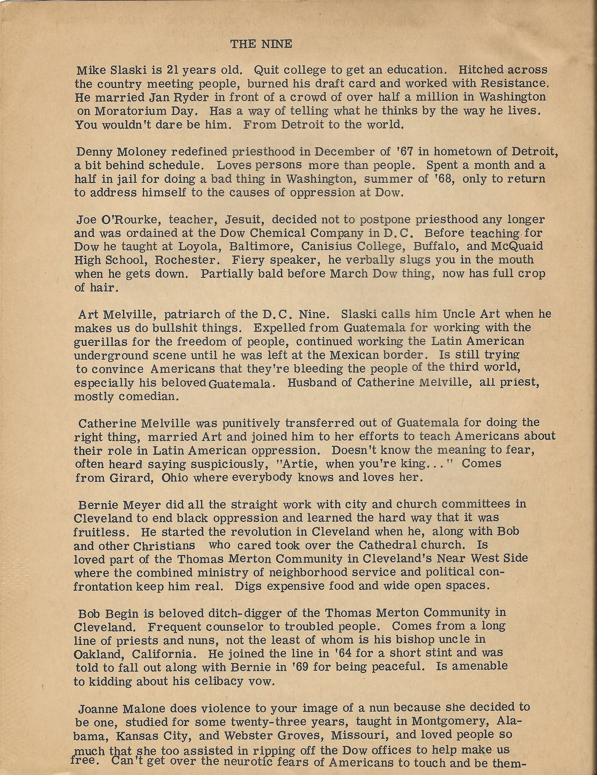 Witty biographies of the D.C. 9 included in a pamphlet given to the press (courtesy of Joann Malone) 