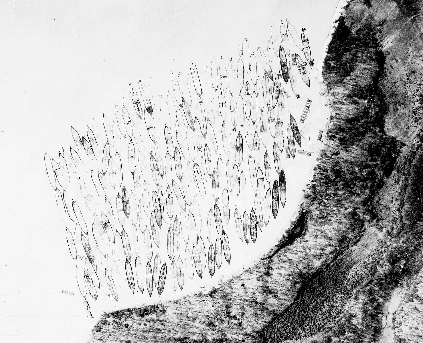An aerial view of the sunken Ghost Fleet in Mallows Bay.