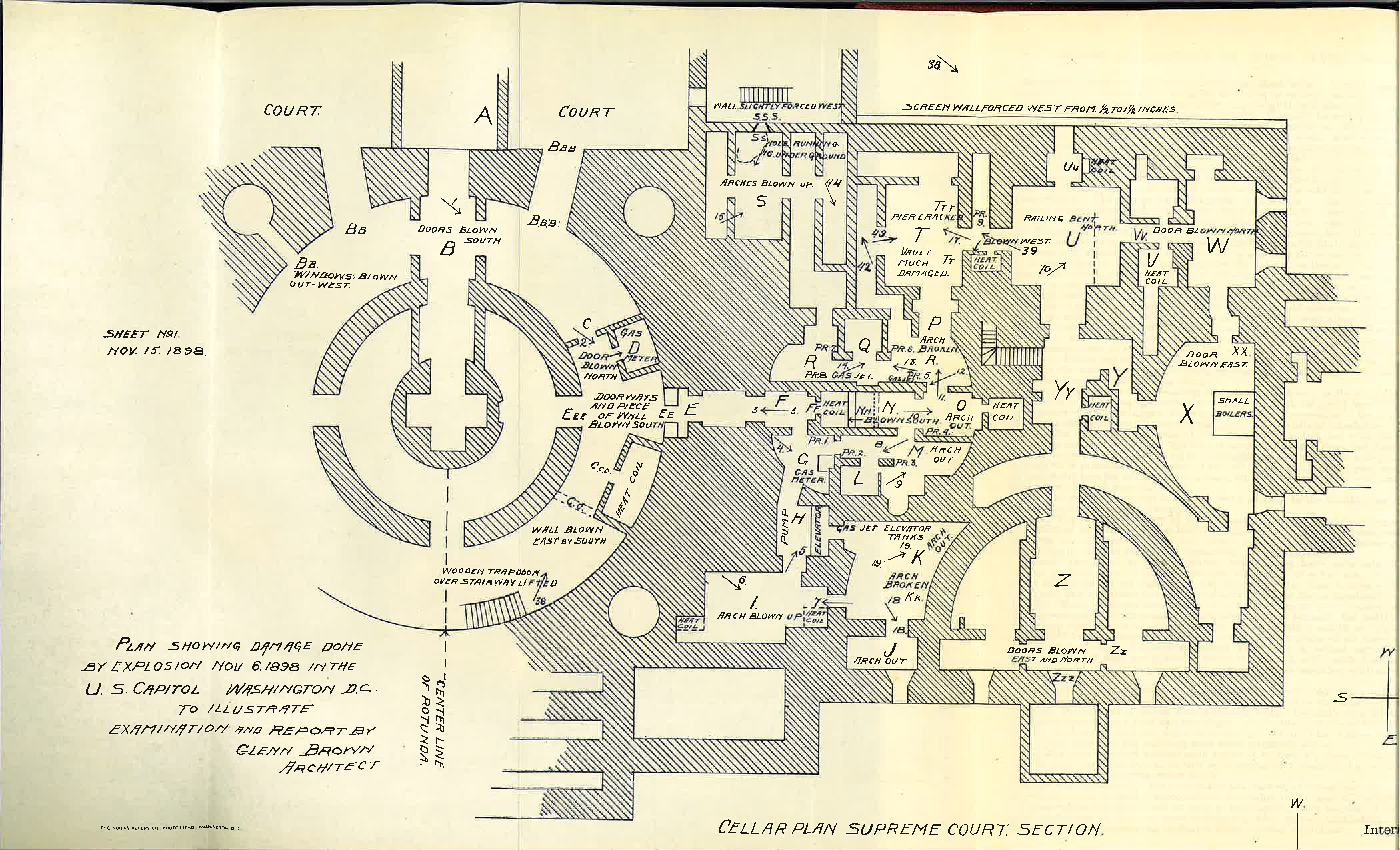 Floor plan of the US Capitol's cellar, depicting damage from 1898 gas explosion.