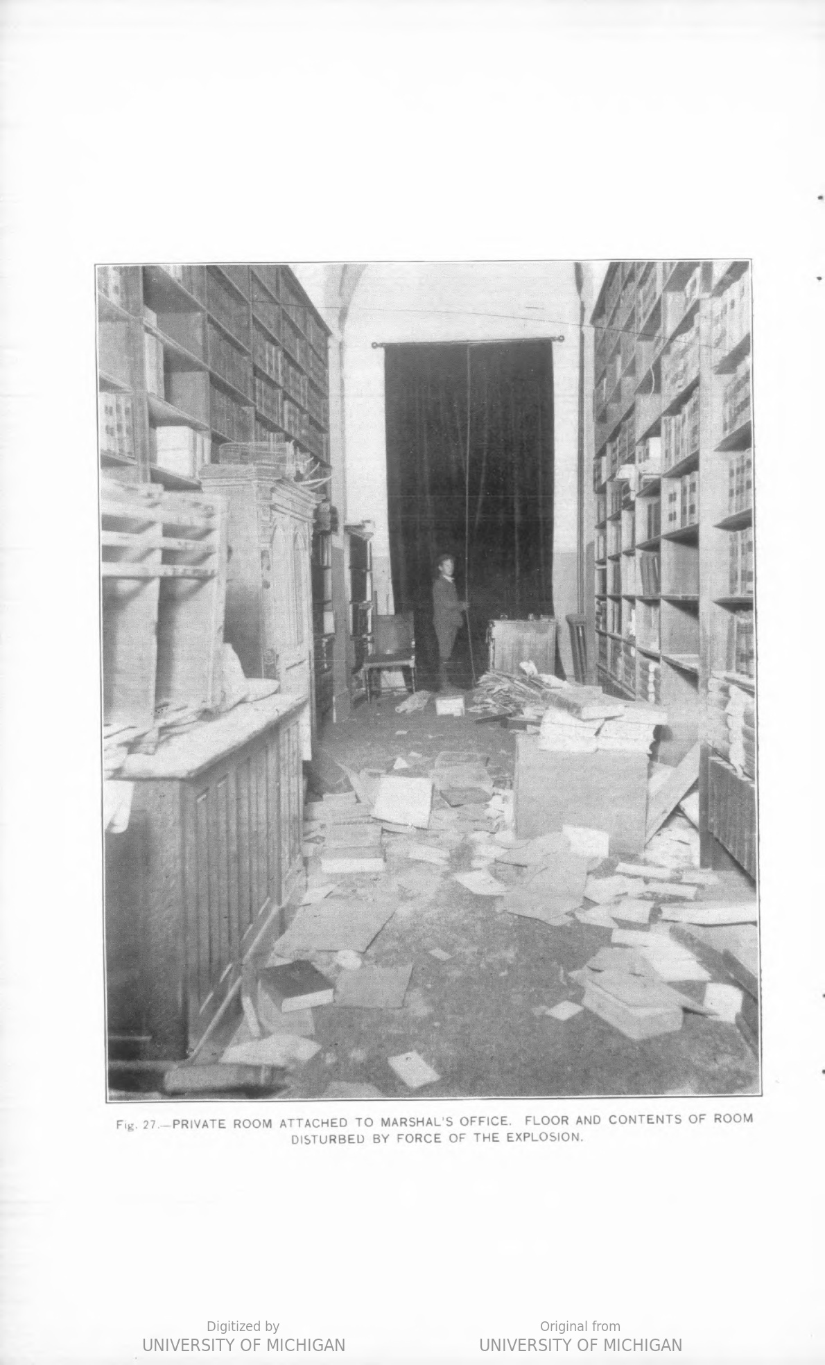 Though they were spared from the fire, these books were blown off shelves by the explosion's force.