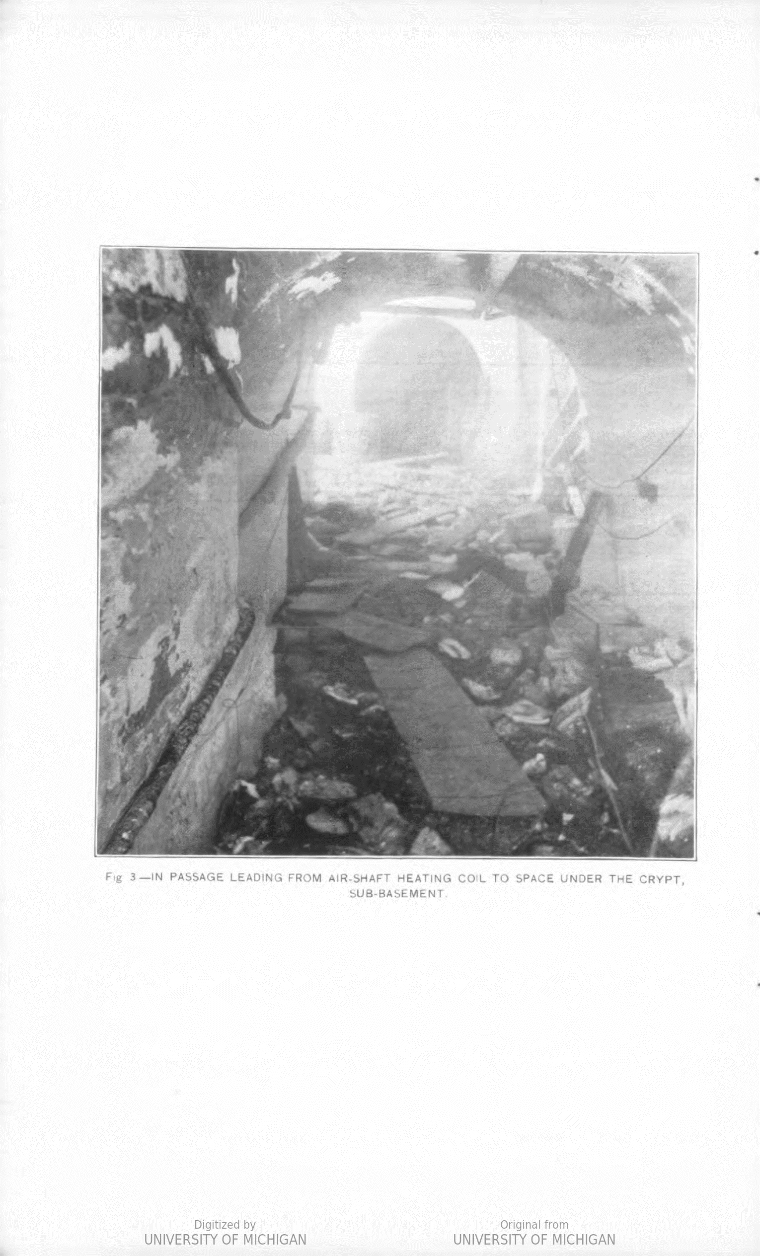 A passageway below the capitol is littered with debris- stone chunks and wooden planks.