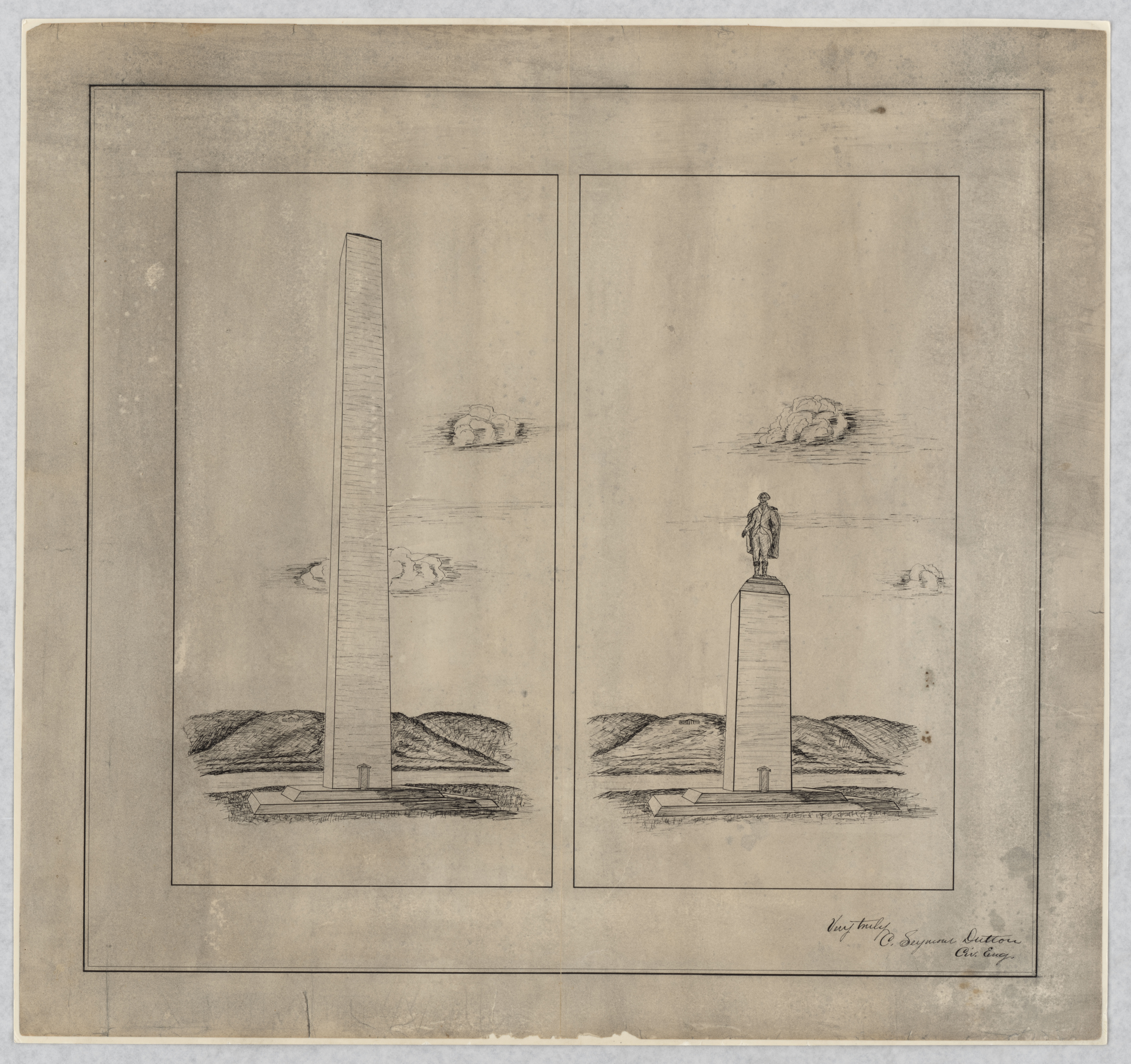 a design proposing to cap the half-built washington monument obelisk with a large statue of George Washington