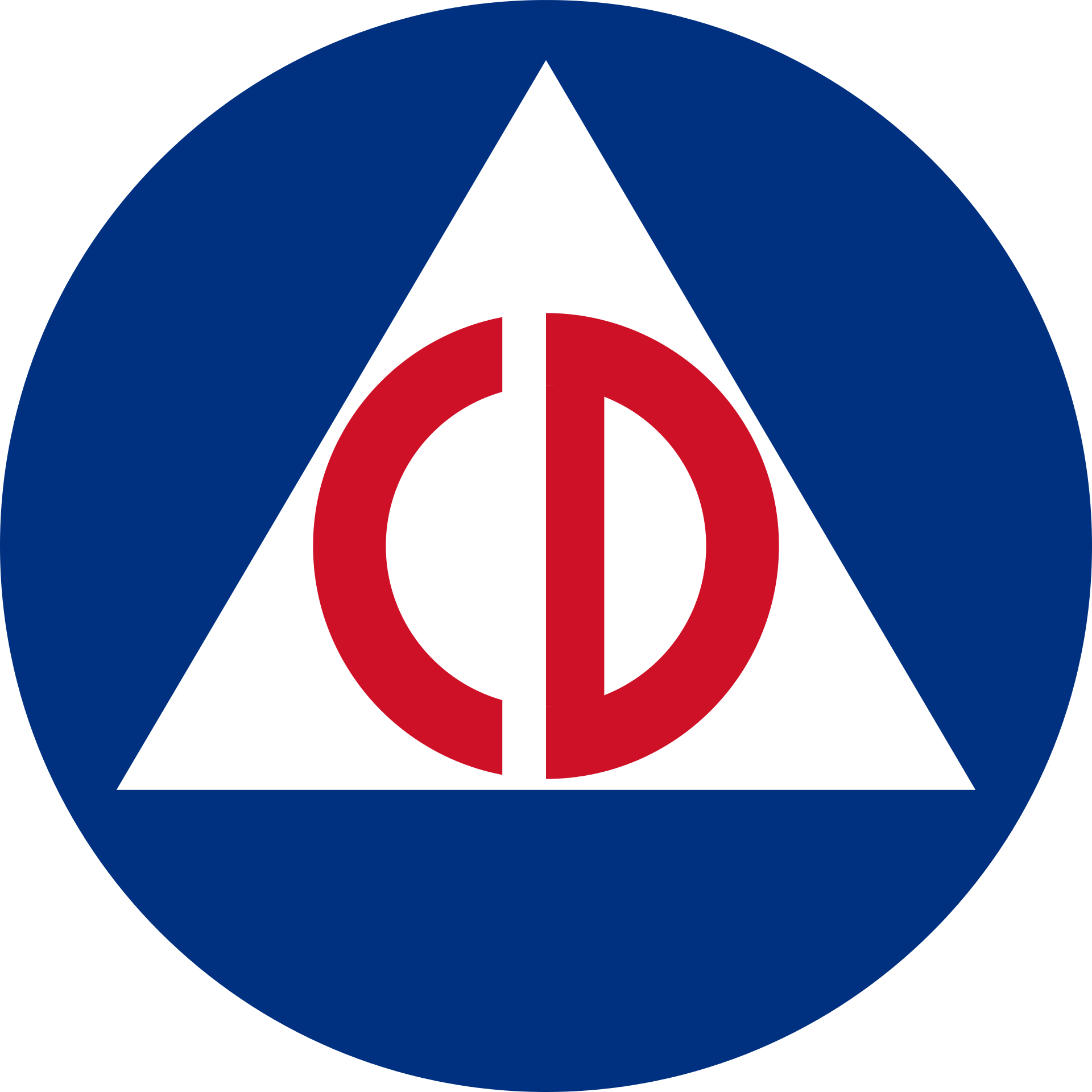 Blue circle logo with big red letters "CD" in white triangle in center. 
