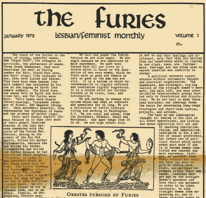 The headline page for the first type-set edition of the Furies Newspaper