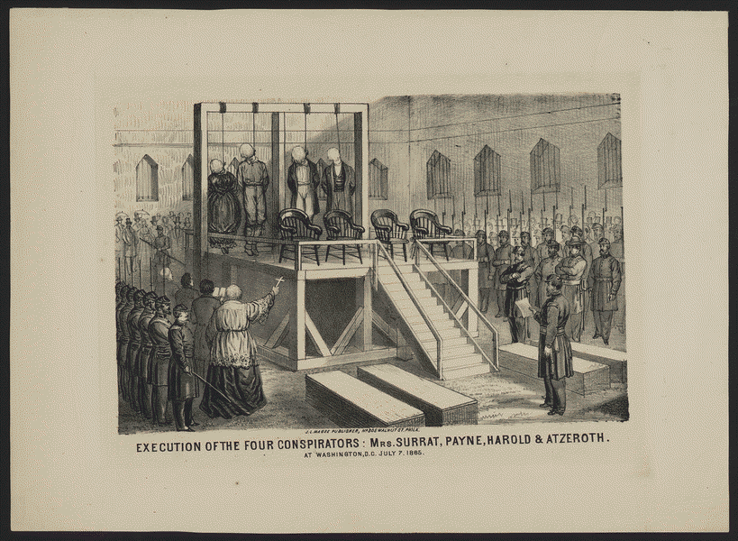 Contemporary drawing of the hanging of four of the Lincoln conspirators showing the scaffold with chairs on it and surrounded by a crowd including priests and soldiers. Source: Library of Congress