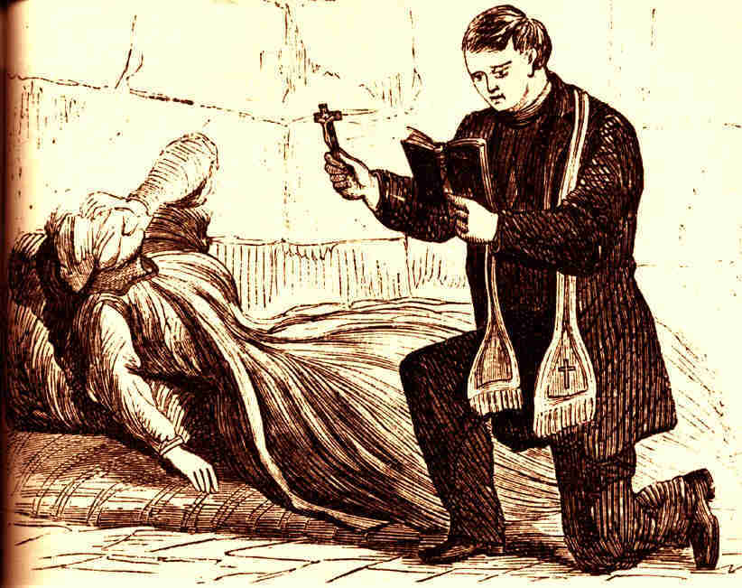 A drawing of Mrs. Surratt lying back with a hand over her eyes while a priest kneels by her and reads from the Bible. Source: Wikimedia Commons