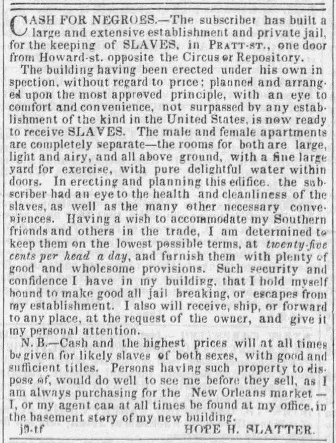 Newspaper ad placed by Baltimore slave trader Hope Slatter, offering "Cash for Negroes." Source: Wikimedia Commons