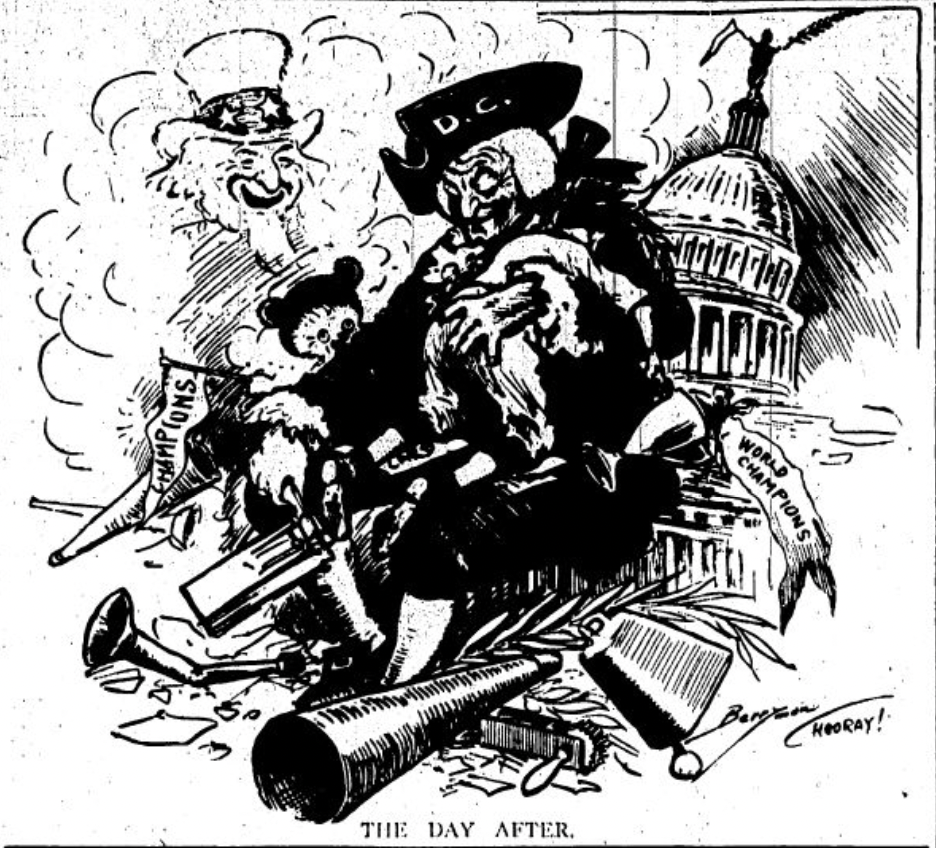 "The Day After" cartoon showing destruction in Washington after the city celebrated the Washington Senators' 1924 World Series win. (Source: Evening Star newspaper)