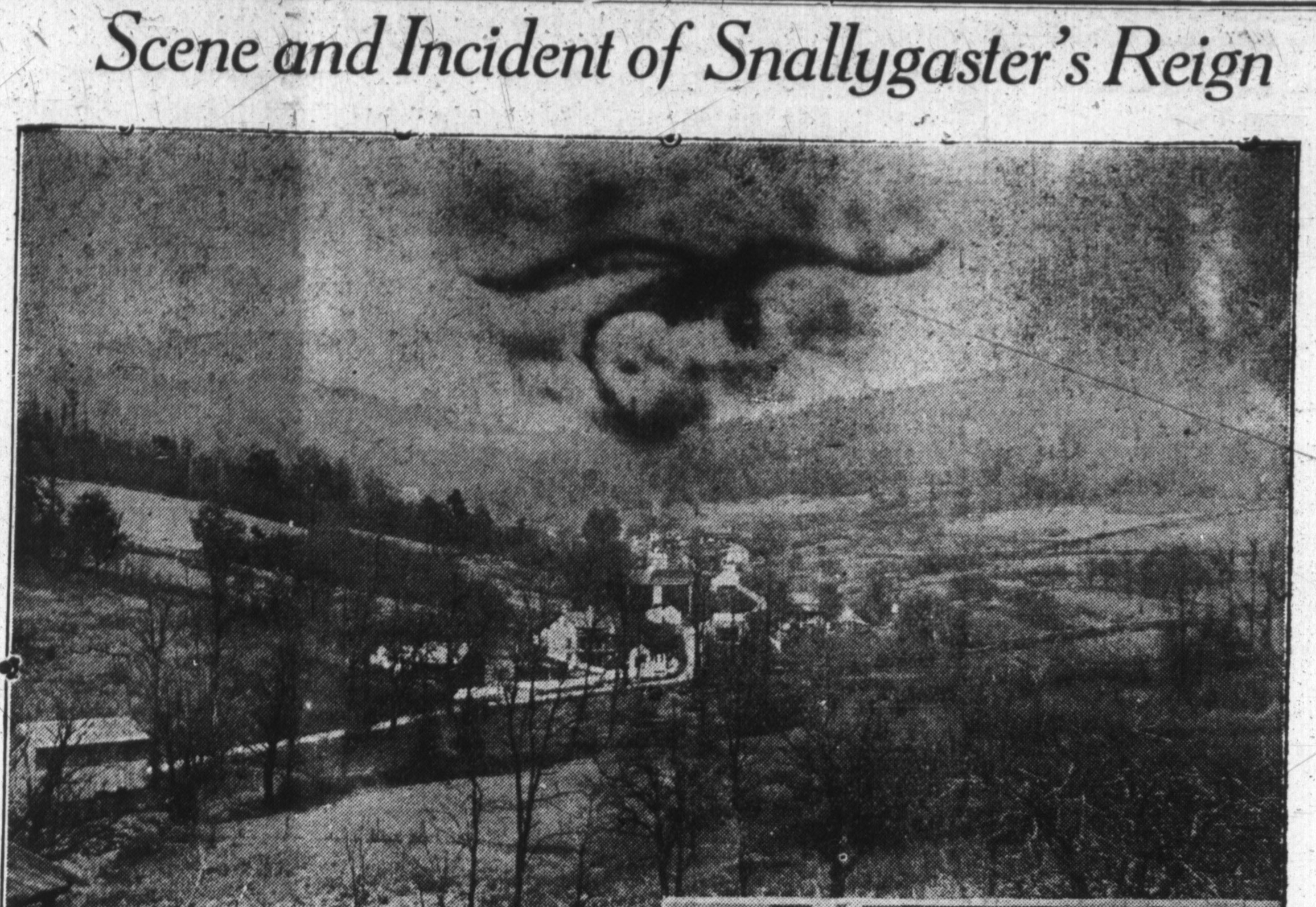 Newspaper headline and image of the Snallygaster flying above Middletown Valley