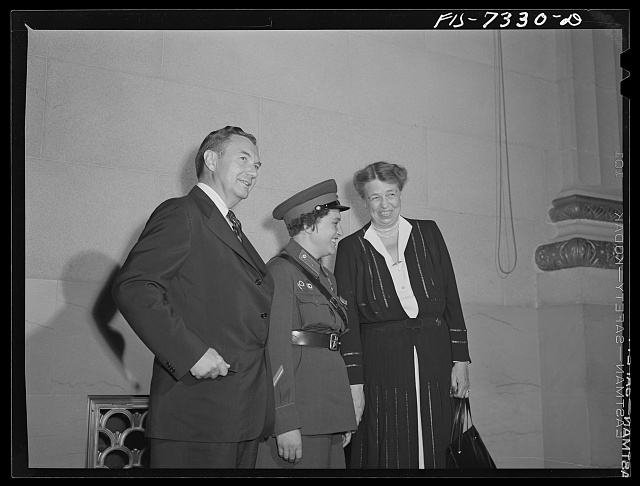 Russian delegate with Mrs. Roosevelt and Justice Robert Jackson is Liudmila Pavlichenko