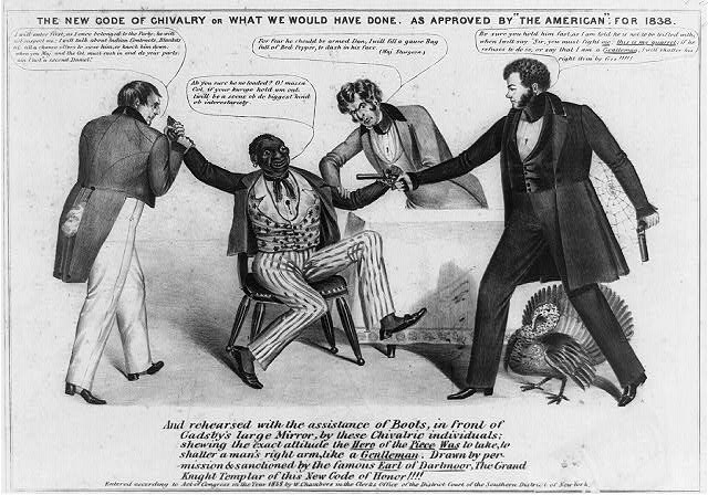James Watson Webb is depicted in a satirical cartoon planning to injure an African American minstrel in the place of Rep. Jonathan Cilley. The minstrel is held in place by each arm by Webb's friends as Webb points a gun in the minstrel's face.