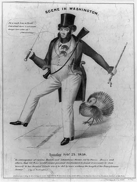 James Watson Webb is depicted in a suit and hat, bearing a cane in his left hand and a sword in his right. There is a rifle strapped to his back and a turkey following behind him. He is depicted stating, "I'm a small Army in Myself: I am afraid there is not much danger here after all."