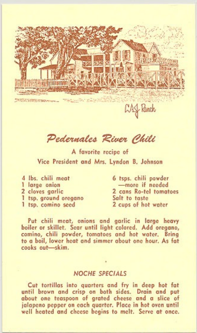 Recipe card for Wright's Pedernales River Chili. Source: National Archives