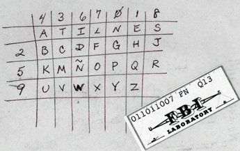 Table chart with numbers on top and left side and numbers in between with FBI Laboratory sticker and ID number. 