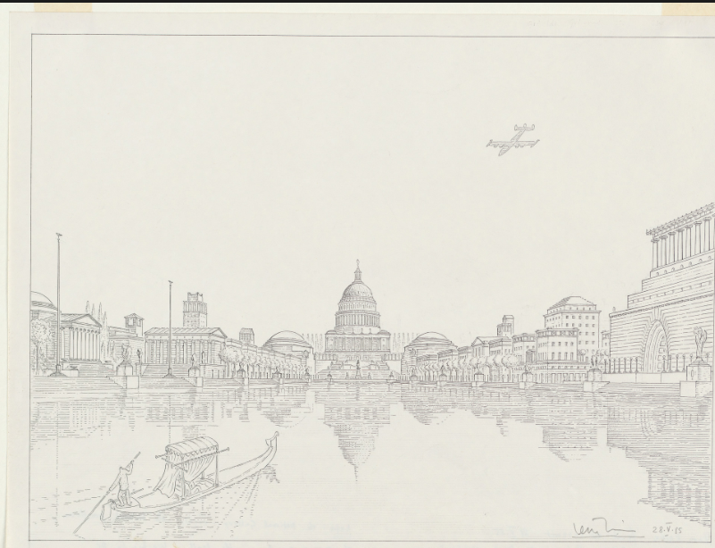 a view of the flooded Mall as Krier would have redesigned it