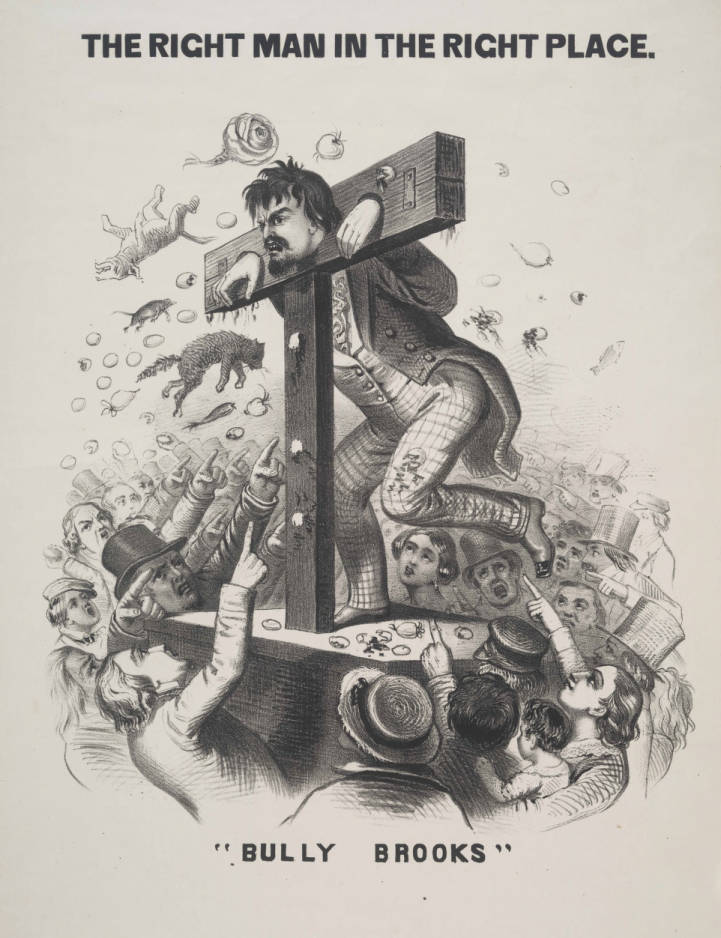 a cartoon showing brooks in the stocks