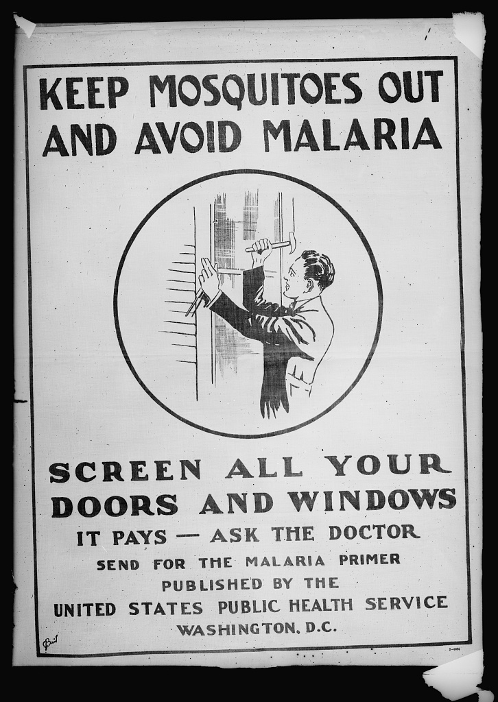 US Public Health Service Poster reading "Keep Mosquitos Out and Avoid Malaria. Screen All Your Doors and Windows"