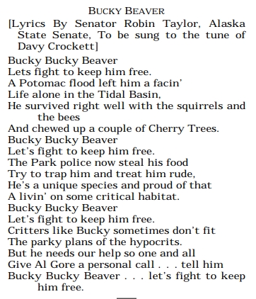 A Screenshot of a transcript from the House of Representatives with the lyrics to Bucky Beaver, a parody of the song Davey Crocket, written on it.