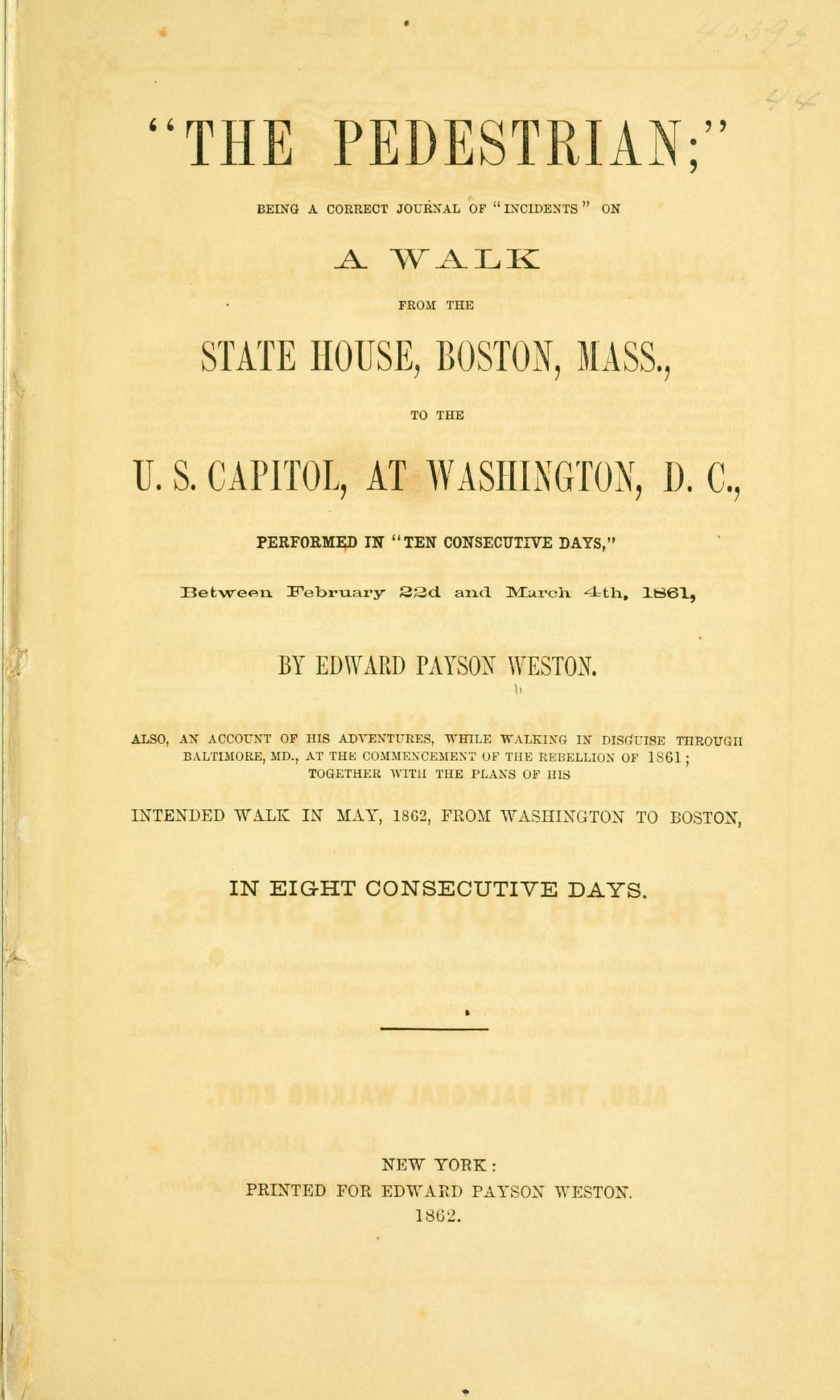 Title page of Edward Payson Weston's book The Pedestrian 