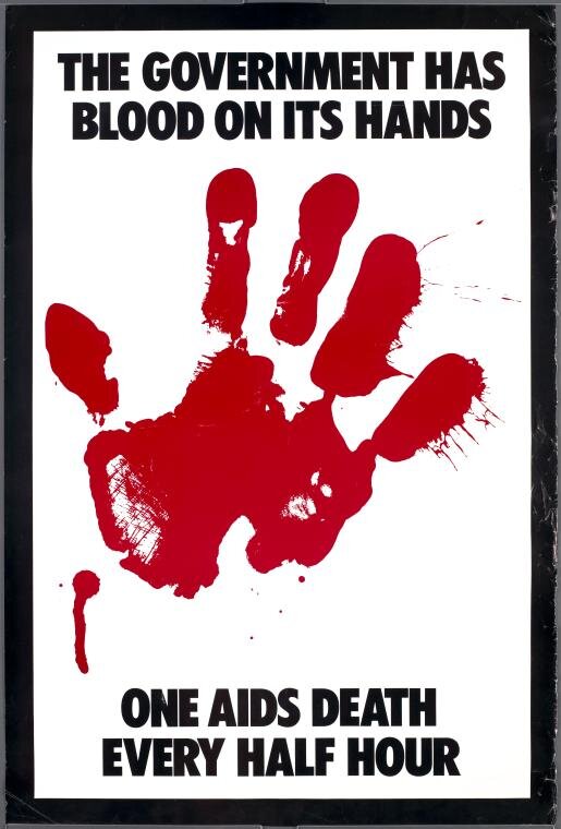 a protest poster reading ONE AIDS DEATH EVERY HALF HOUR