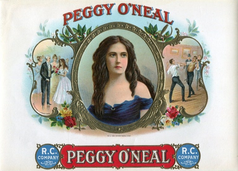 A cigar box labeled Peggy O'Neal with three inset images. In the middle there is a portrail of Peggy O'Neill in the middle. On the left, President Jackson is introduced to Peggy. On the right, two lovers fight a duel over her.