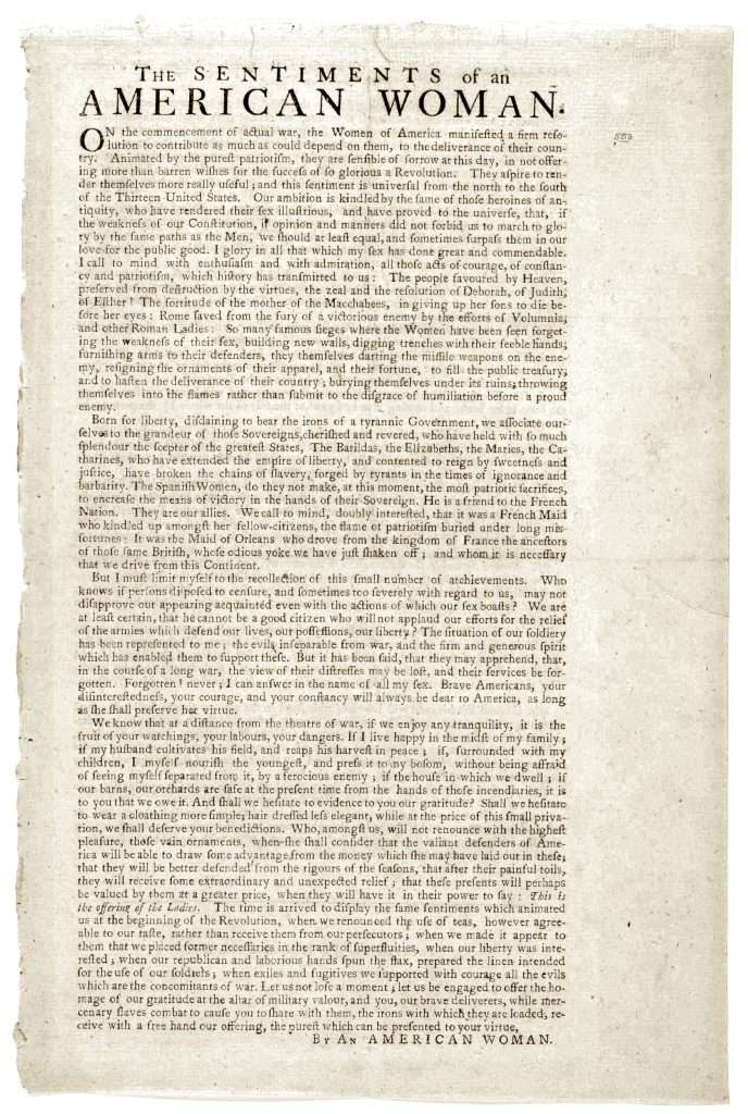 A historical document titled "The Sentiments of an American Woman," featuring dense printed text on aged paper.