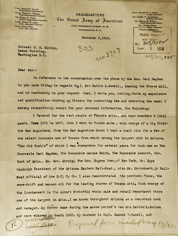 A typewritten letter from Hattie Sewell