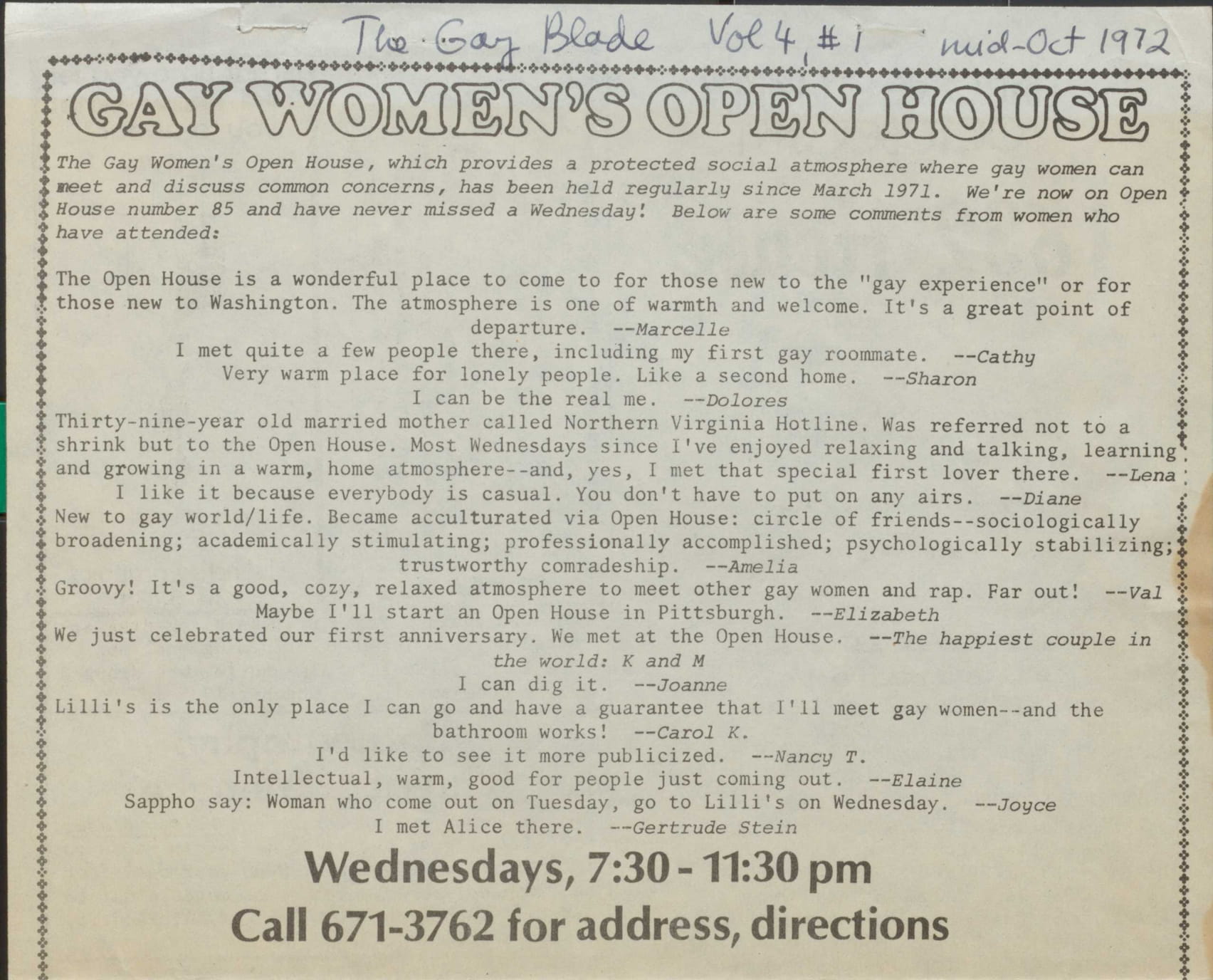 a flyer for the gay women's open house