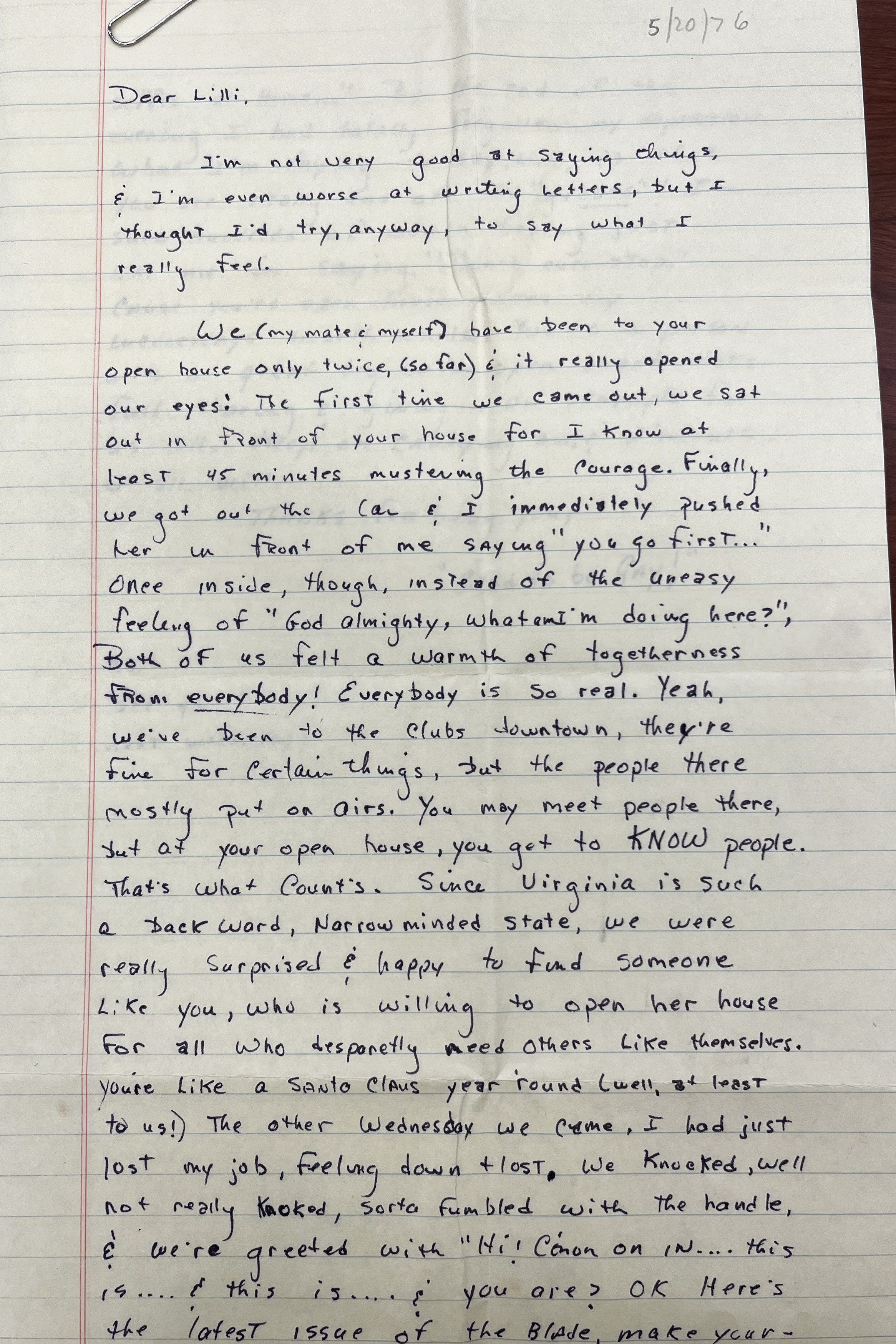 A thank you note written to Lilli on a legal pad