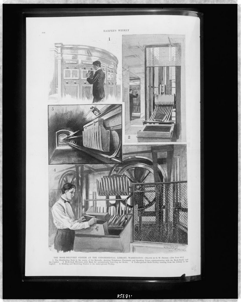 “The Book-Delivery System at the Congressional Library, Washington,” 1897 (Photo Source: The Library of Congress). “The Book-Delivery System at the Congressional Library, Washington.” 1897. Still image. 1897. //www.loc.gov/pictures/item/97517986/.