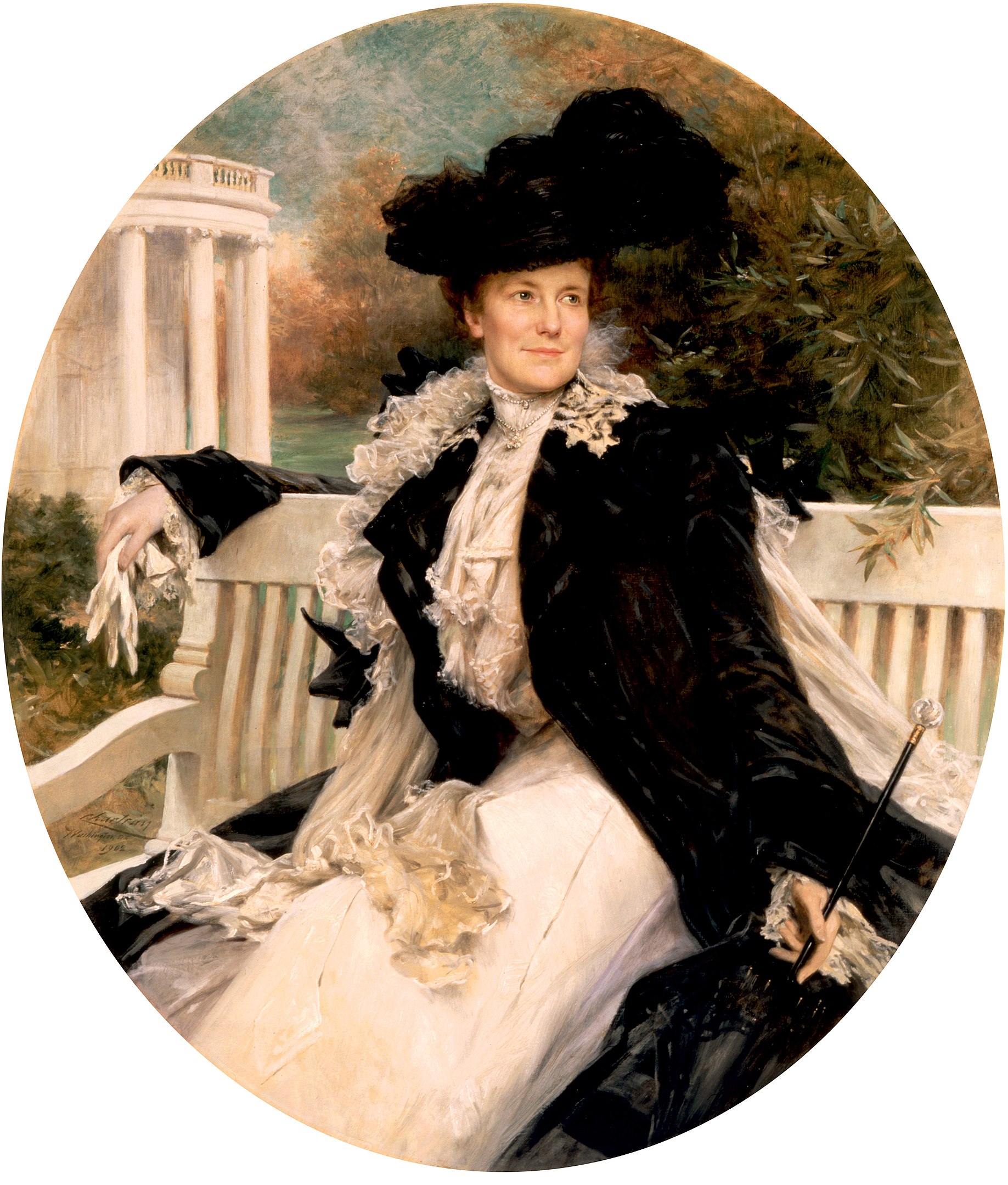 Official portrait of First Lady Edith Roosevelt, painted by Théobald Chartran in 1902. Mrs. Roosevelt sits gracefully upon a bench in the White House grounds.