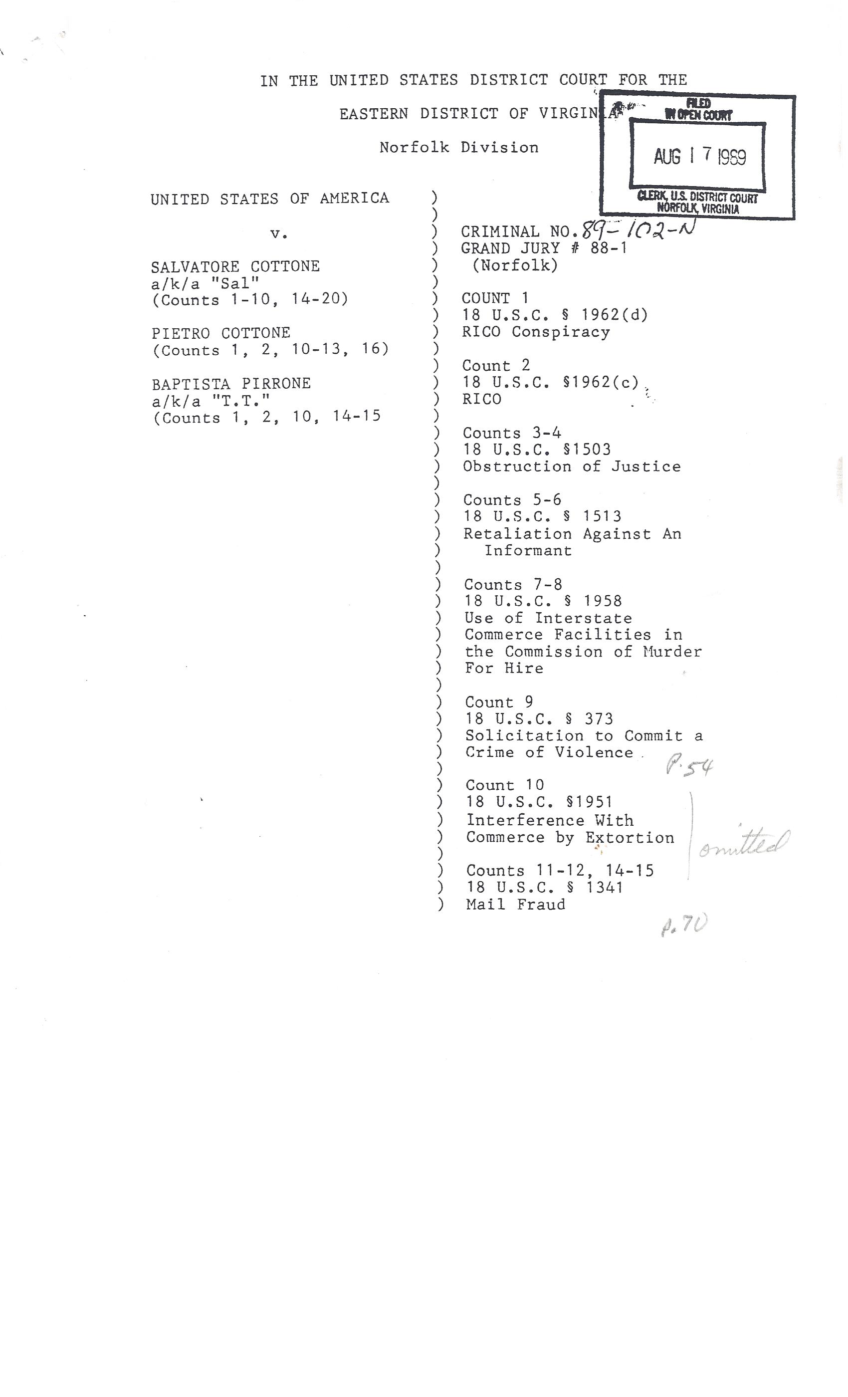 The front page of the nearly 100-page federal indictment of Salvatore Cottone. (Photo courtesy of Mike Smythers) 