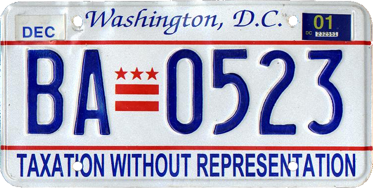 A Washington, D.C. license plate from 2000, showing the new motto "Taxation Without Representation"
