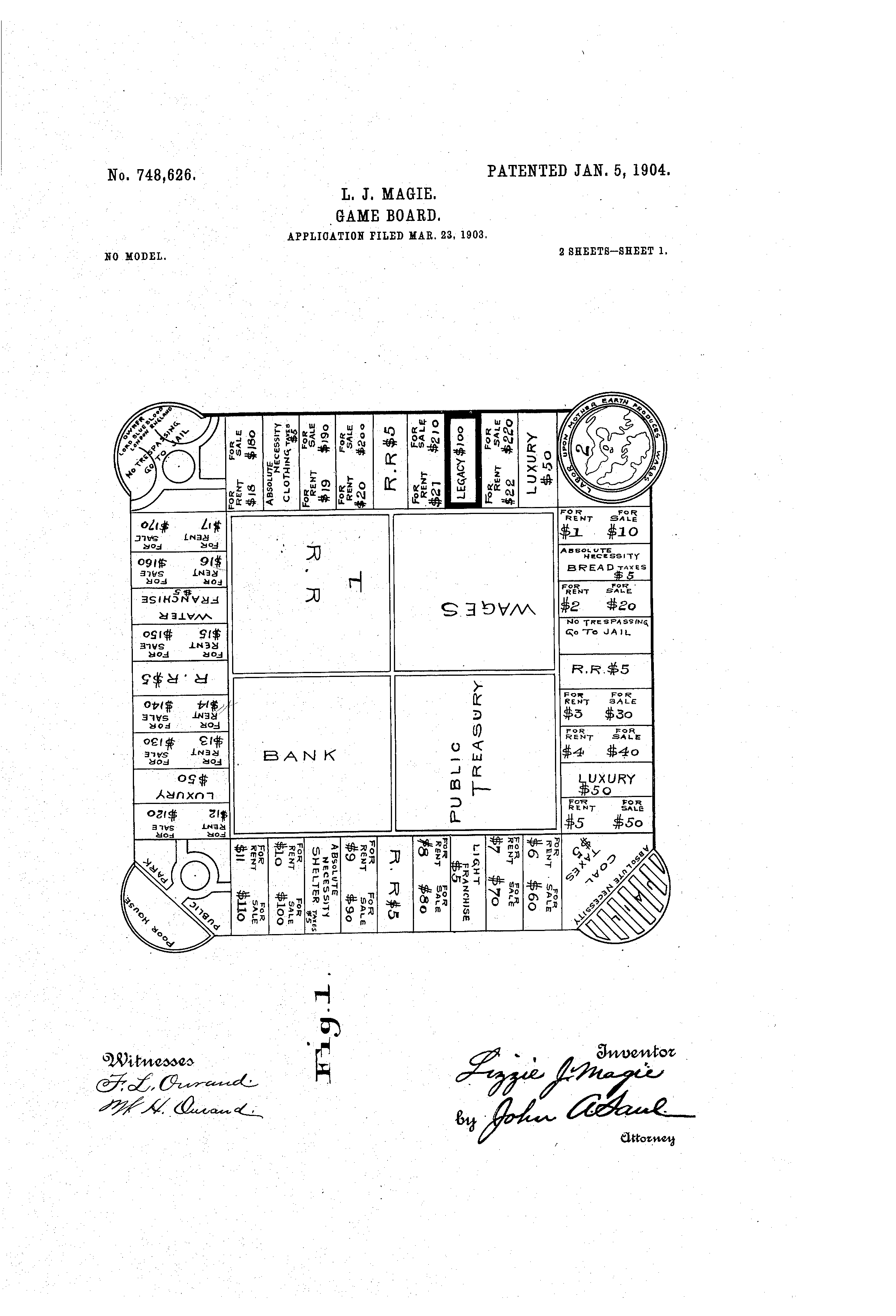 Illustration from Magie’s patent. Many of the features of Monopoly can be clearly seen in her game, including Jail, Railroads, and the Luxury Tax. (Image source: U.S. Patent Office.)