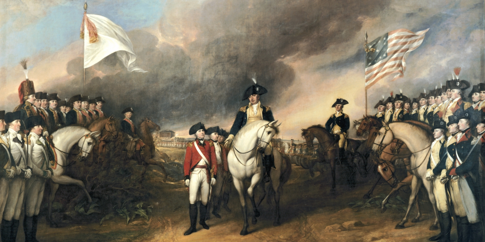 Painting of George Washington on white horse with British soldiers walking alongside. Groups of soldiers stand on either side of the frame.