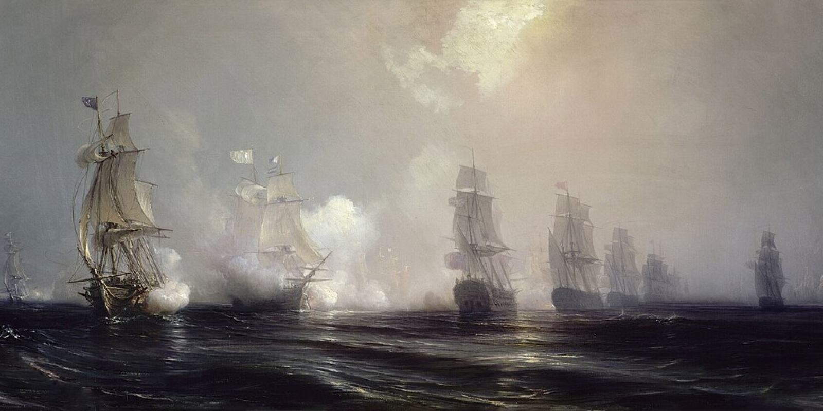 The image portrays a dramatic naval battle scene on a turbulent sea under a misty sky. Several large sailing ships are depicted, with their sails billowing in the wind. Cannon smoke surrounds the vessels, adding to the scene's intensity. The ships vary in size and are positioned at different angles across the canvas, with some in the foreground and others fading into the hazy background. The sea reflects the muted colors of the overcast sky, and the swirling waves suggest a vivid sense of motion.