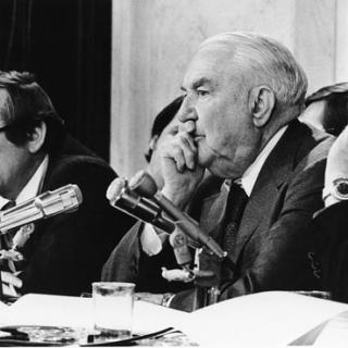 Senate Watergate Committee chairman Sam Ervin (center) and other committee members listen to testimony. (Photo source: WETA Archives)