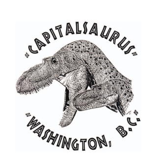 An artists rendition of a "Capitalsaurus" roars alongside a smaller dinosaur of the same species.