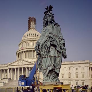 Close up of Statue of Freedom in 1993, when it was temporarily removed from the US Capitol for restoration. (Source: Library of Congress, Carol M. Highsmith Collection)
