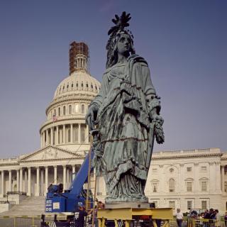 Close up of Statue of Freedom in 1993, when it was temporarily removed from the US Capitol for restoration. (Source: Library of Congress, Carol M. Highsmith Collection)