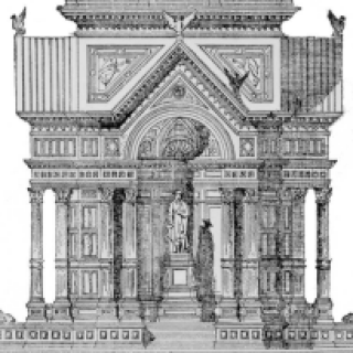 A design in the style of an Italianate tower with a pointed arch over a large statue of Washington
