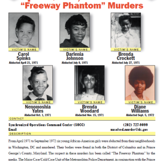 Police reward poster with text reading "Up to $150,000 Reward 'Freeway Phantom' Murders" with pictures of six African-American girls.