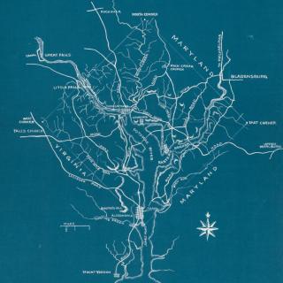 A map of the District of Columbia drawn in white on a blue background. 