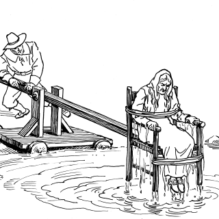 Drawing of four men lowering a woman into water using a ducking stool. (Credit: Pearson Scott Foresman via Wikimedia Commons)