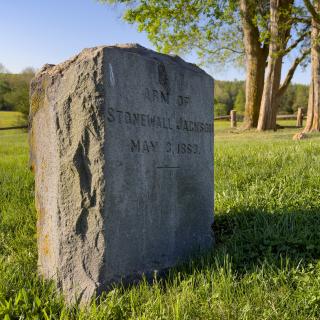 Gravestone reading "Arm of Stonewall Jackson, May 3, 1863" (Photo credit: Mary O'Neill, National Park Service)