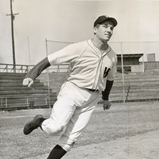 Bert Shepard running while wearing his Washington Senators baseball uniform.