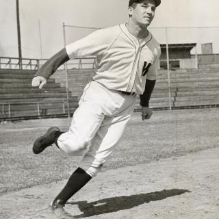 Bert Shepard running while wearing his Washington Senators baseball uniform.