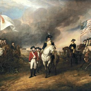 Painting of George Washington on white horse with British soldiers walking alongside. Groups of soldiers stand on either side of the frame.